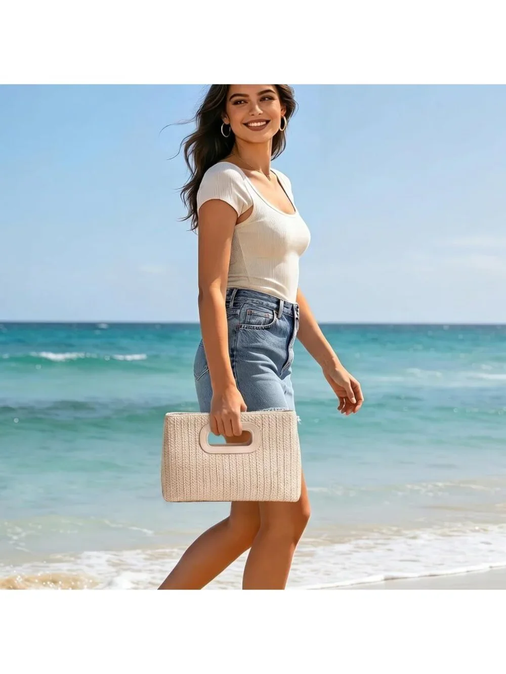 Women's Beige Clutch Handbag Modern Faux Leather with Metal Handle Evening Bag